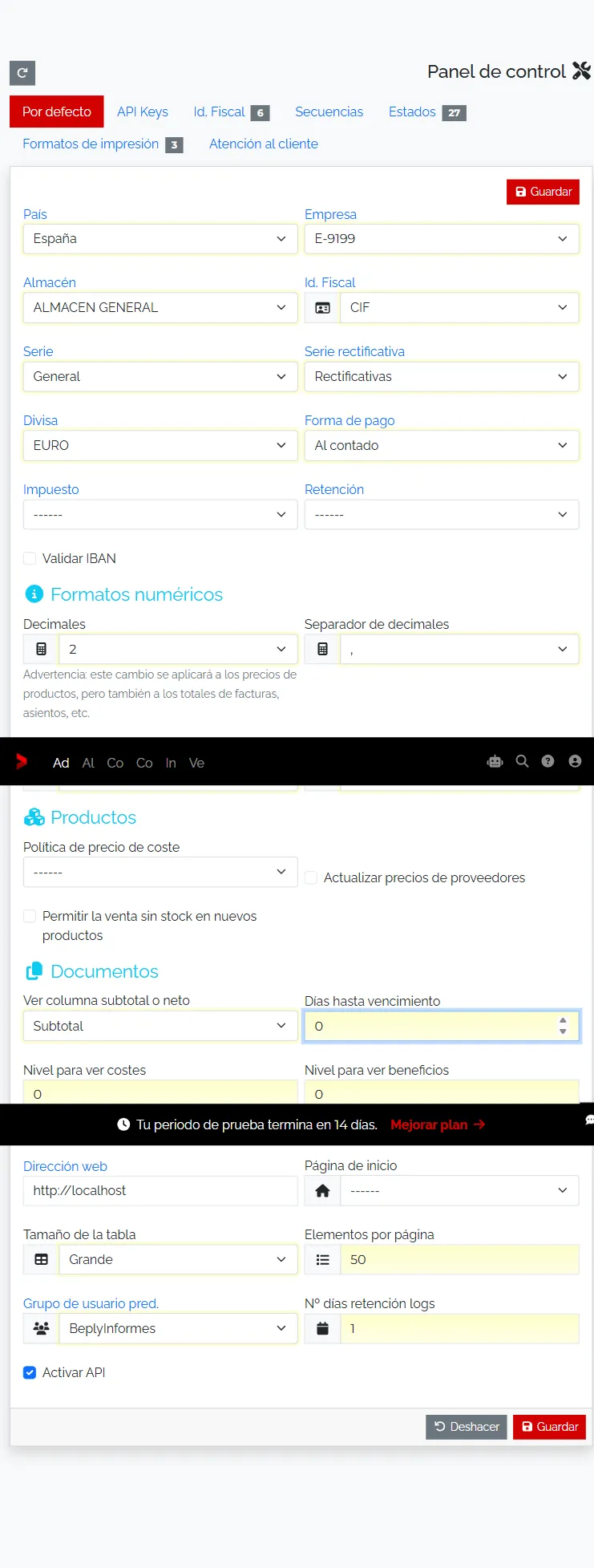 Panel de Control con la opción Activar API marcada