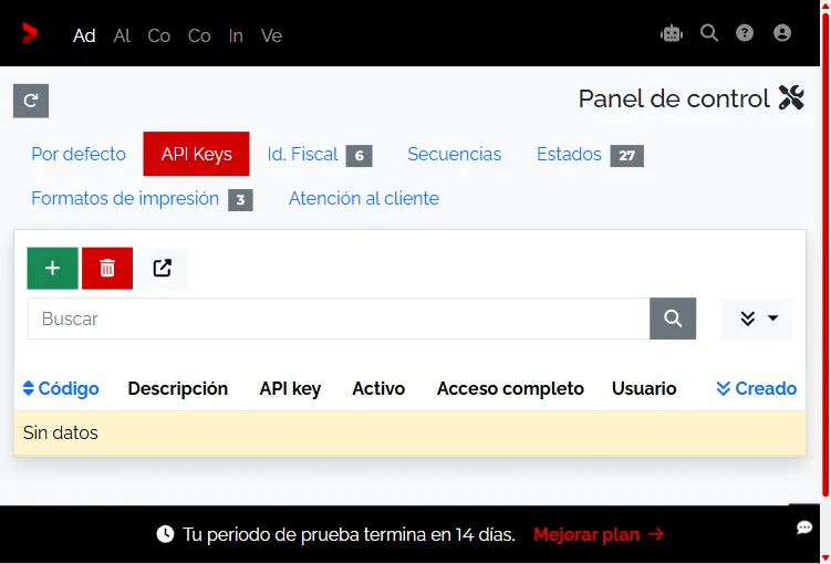 Pestaña API Keys vacía