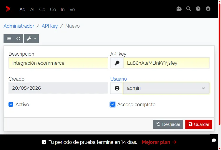 Formulario de nueva API Key rellenado