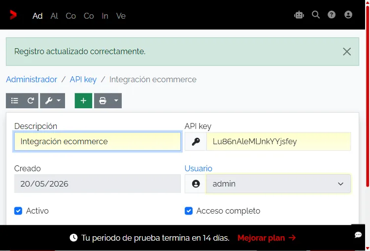 API Key creada con confirmación