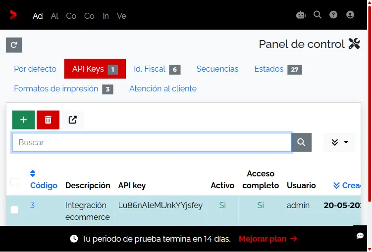 Lista de API Keys con la recién creada