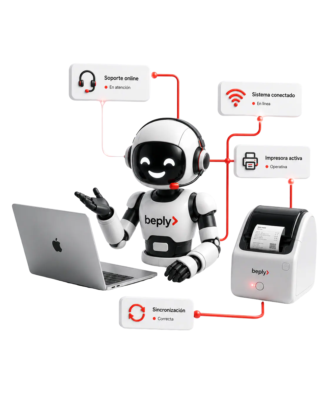 Robot Beply con auriculares conectado a impresora termica indicando soporte online y sistema operativo
