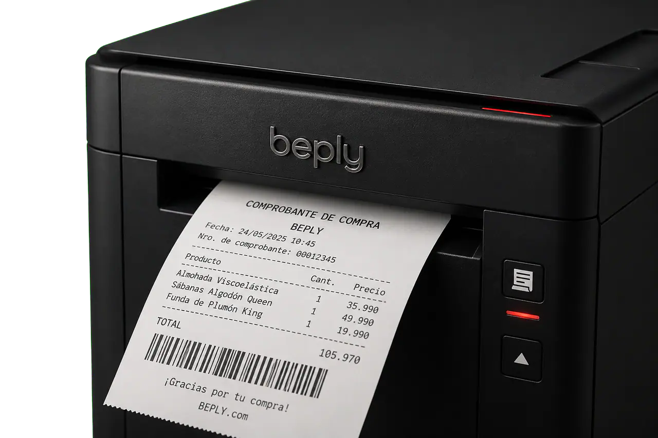 Impresora termica Beply imprimiendo un ticket en primer plano
