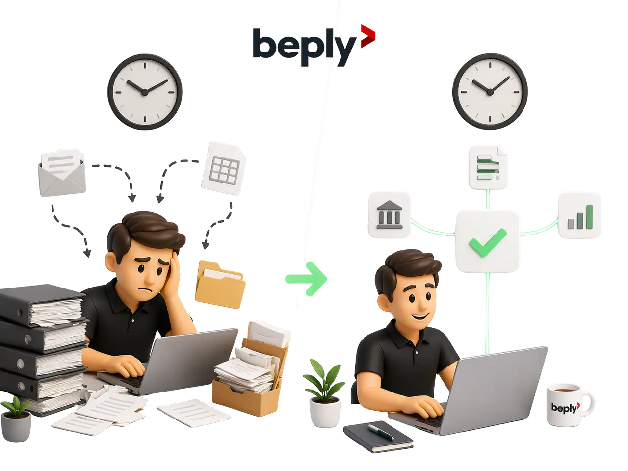 Autónomo estresado entre papeles que pasa a trabajar tranquilo con Beply